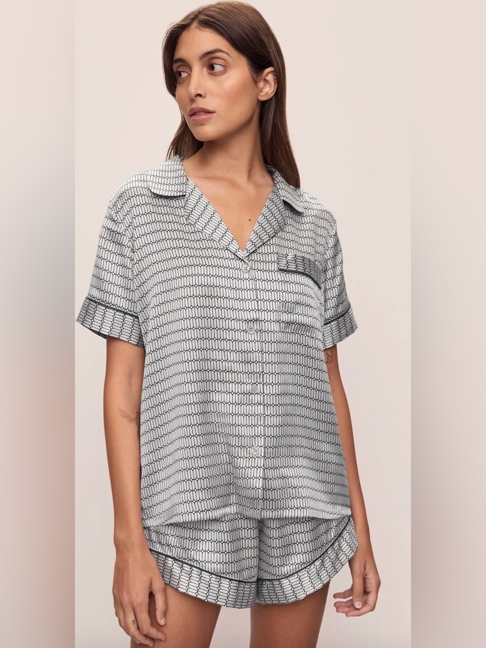 EBERJEY INEZ WASHABLE SILK PRINTED SHORT PJ SET, SIZE M.